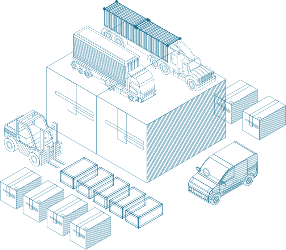 Illustration of logistics workflow showing trucks, containers and palletized loads to offer secure, high-capacity warehousing solutions
